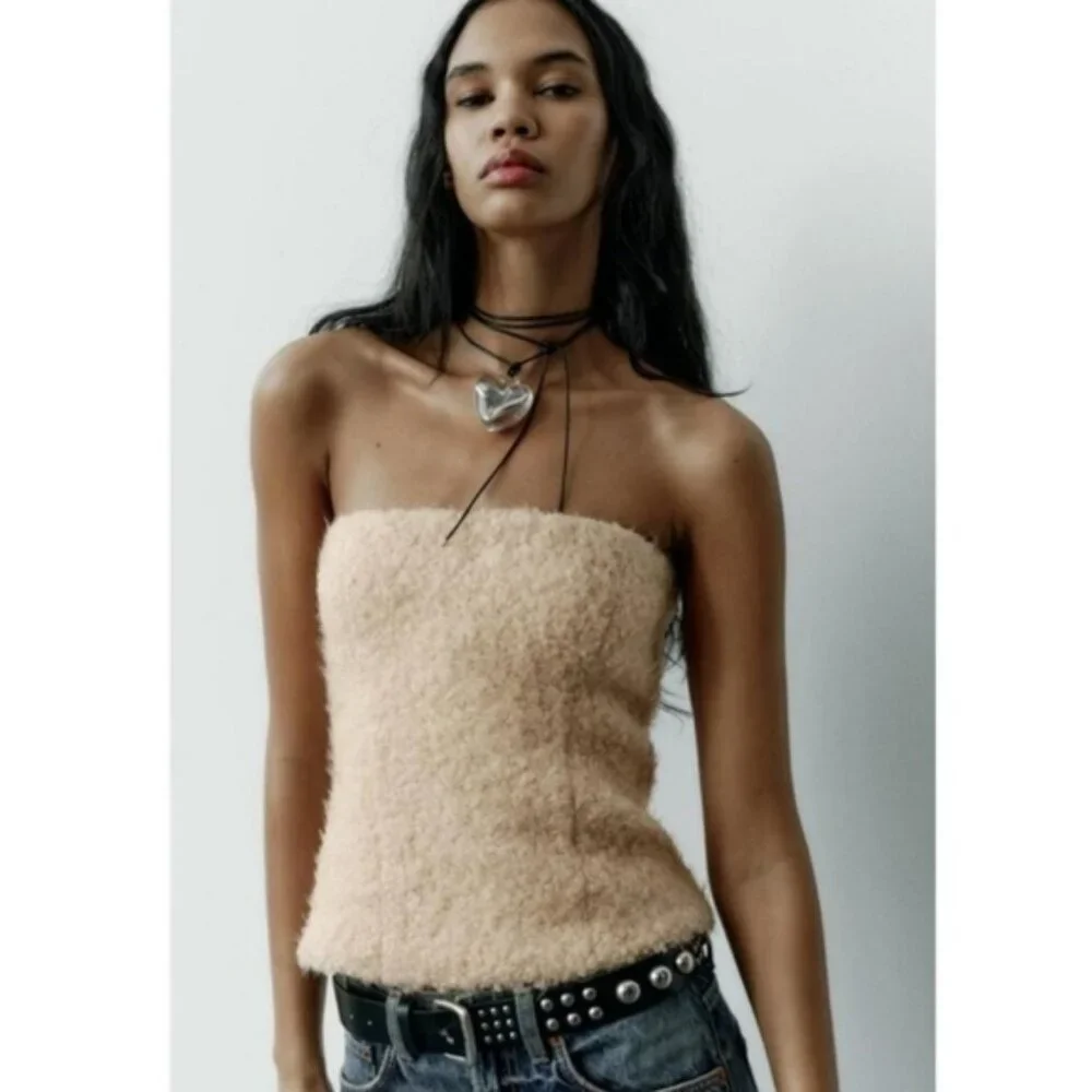 ZARA | Women's Cream/Tan Wool Blend Strapless Sherpa Teddy Bustier Top - Picture 1 of 6